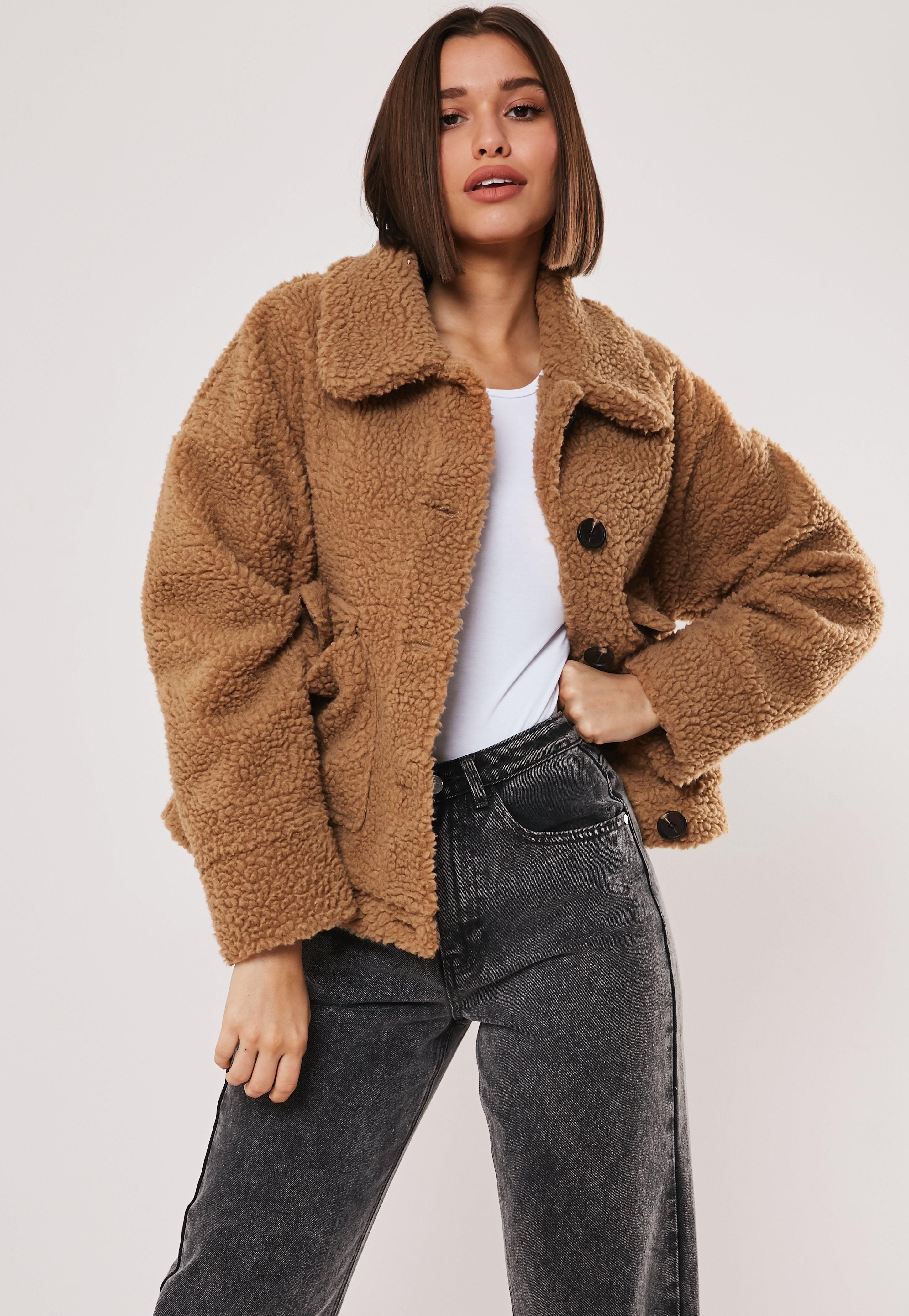Tan Cropped Borg Teddy Trucker Jacket | Missguided (US & CA)