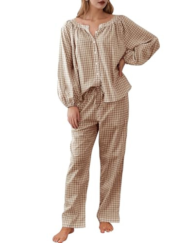 COZYPOIN Womens Gingham Pajama Set 2 Piece Cotton Plaid Button Down Puff Sleeve Shirt and Pants L... | Amazon (US)