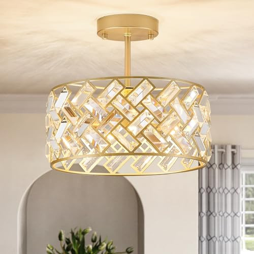 Modern Gold Crystal Chandeliers, Small Semi Flush Mount Chandelier 4-Ligh 12'' Drum Crystal Pendant Light Fixture for Foyer Entryway Kitchen Hallway Dining Room | Amazon (US)