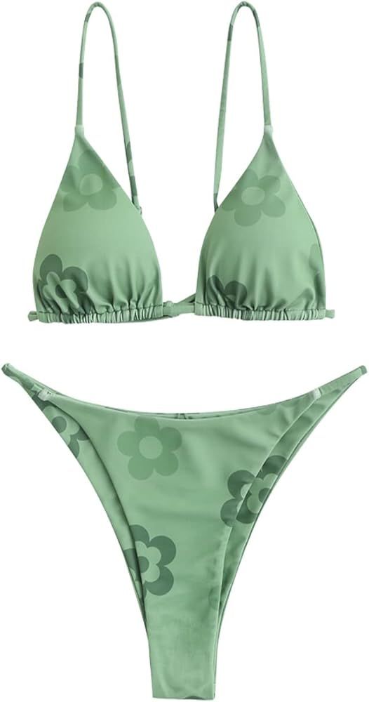 ZAFUL Women's Triangle Bikini Set, Sexy Cheeky Thong Swimsuit High Cut 2 Pieces Bathing Suit | Amazon (US)
