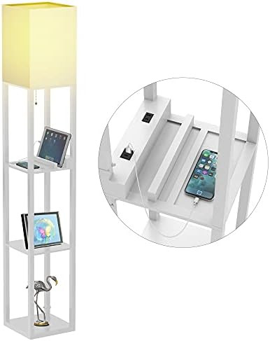 Floor Lamp with Shelves; Shelf Floor Lamps by Real Solid Wood with 2 Charging Ports and 1 Power Outl | Amazon (US)