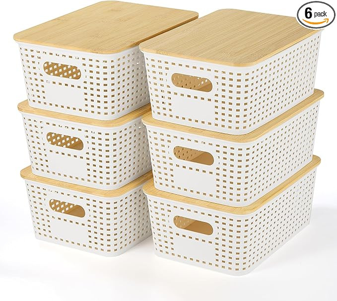 Plastic Storage Baskets With Bamboo Lid - Plastic Storage Containers Stackable Storage bins: Stor... | Amazon (US)