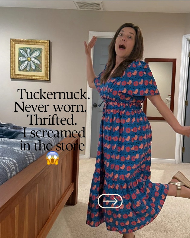Okay I need to tell you about this dress because I am still not over it.
This is a Tuckernuck dress. For those who don’t know Tuckernuck — it’s a preppy, elevated brand and their dresses are not cheap. Like, full price would make you pause and stare at the ceiling for a minute. 😂
This one? Never worn. Clearly someone bought it, never took the tags off, and then it ended up on resale — and then it ended up on me. And I am calling that a divine appointment. 🙌
Flutter sleeves, a cinched drawstring waist, beautiful tiered midi skirt, stunning blue floral print. I threw on my wedge sandals and did the spin and honestly? I looked like I had my entire life together. (I do not. But the dress doesn’t know that.)
This is exactly why I am such a broken record about thrifting and resale — you can find QUALITY pieces, barely or never worn, for a fraction of the price. That’s real budget fashion. That’s affordable outfits that don’t look affordable. That’s the whole point of what we do here. 👏
I’ve linked some Poshmark options on my LTK so you can search for your own version — different colors, similar styles, all that good stuff 👉 [

Tag a friend who thrifts — or a friend who should start. 👇 And tell me: are you a thrifter or does resale shopping still feel overwhelming to you? Drop it in the comments, I genuinely want to know! ⬇️
budget fashion | affordable outfits | spring style 2026 | women over 35 | women over 40 | working mom outfit | outfit inspo | real women fashion | casual chic | budget style | spring outfits | affordable fashion | working mom style | outfit ideas

#LTKstorytime #LTKootd #LTKmomlife