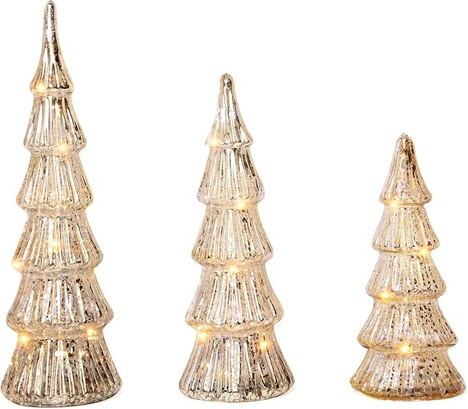 GENMOUS & CO. Gold Lighted Glass Christmas Trees, Set of 3, Small Tabletop Xmas Tree Decorations,... | Amazon (US)