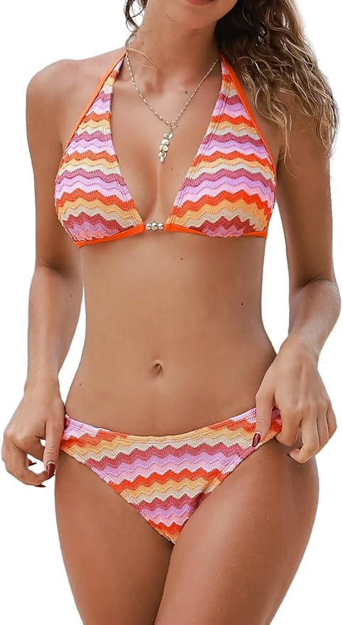 CUPSHE Women's Bikini Sets Two Piece Bathing Suit Halter Plunging Neck Open Back, Low Rise High C... | Amazon (US)