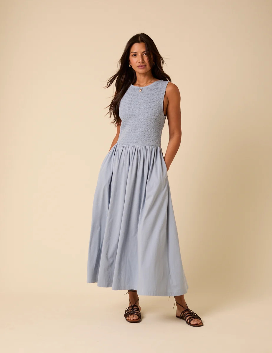 Blue Shirred Bodice Billie Jersey Midi Dress | Nobody's Child