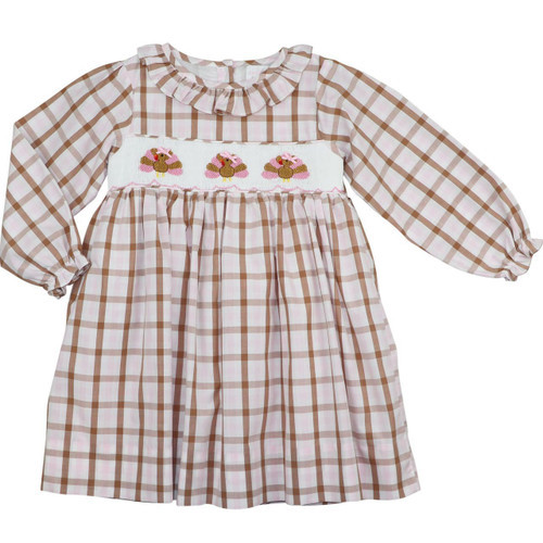 Pink And Brown Plaid Smocked Turkey Dress | Cecil and Lou