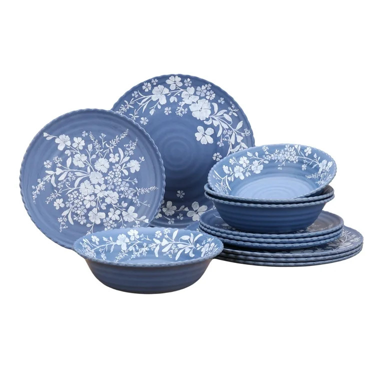 The Pioneer Woman 12-Piece Daisy Bamboo Melamine Dinnerware Set, Blue | Walmart (US)