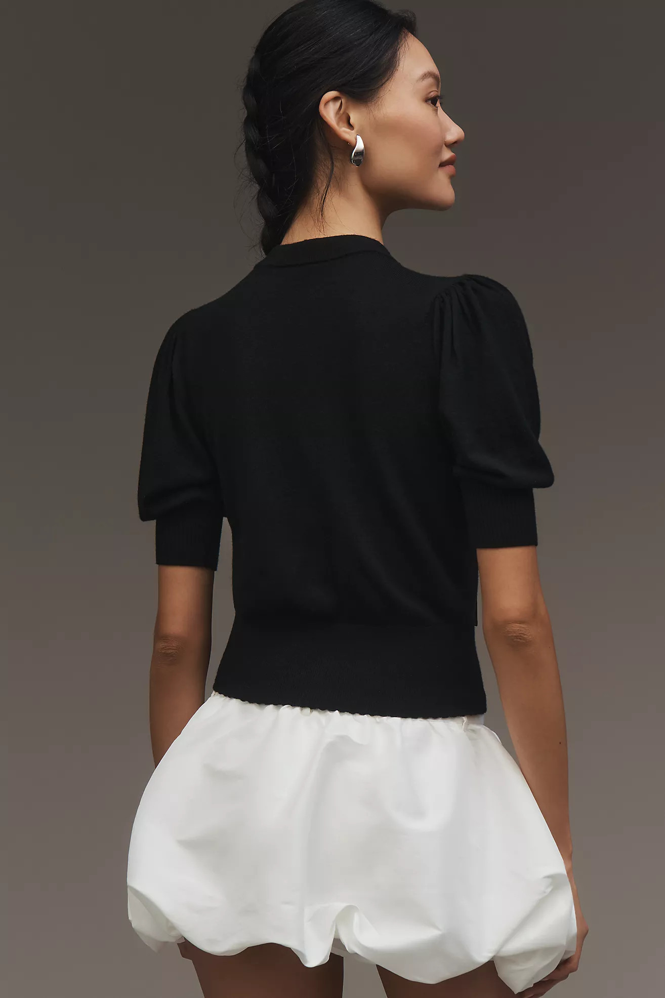 Maeve Puff-Sleeve Organza Bow-Front Cardigan Sweater | Anthropologie (US)