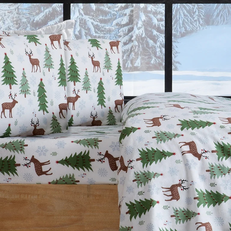 Great Bay Home Turkish Cotton Printed Flannel Sheet Set  (Queen, Deer, Trees, & Snow) | Walmart (US)