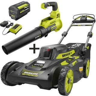 RYOBI 20 in. 40-Volt Brushless Lithium-Ion Cordless Self-Propelled Walk Behind Lawn Mower & Blowe... | The Home Depot