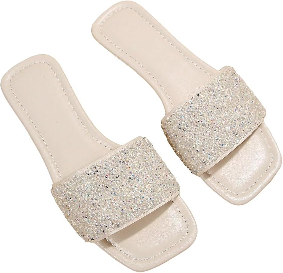 Verdusa Women's Rhinestone Sandals Glitter Casual Sandal Flats Open Toe Sparkle Slides | Amazon (US)