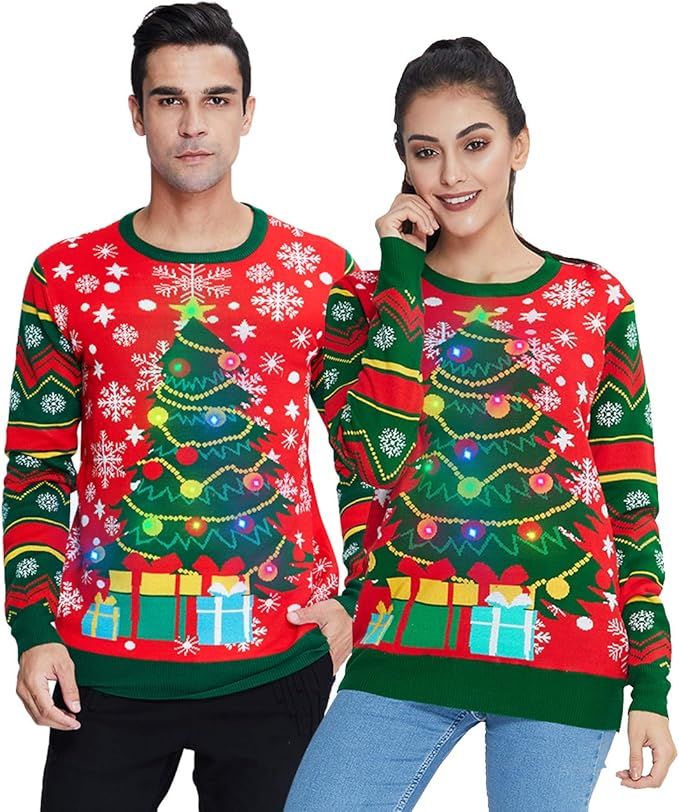 Idgreatim Women Men LED Ugly Christmas Sweaters Funny Pullover Long Sleeve Knitted Xmas Sweater J... | Amazon (US)
