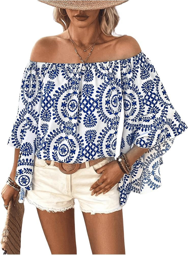 GORGLITTER Women's Graphic Off The Shoulder Work Tops 3/4 Bell Sleeve Blouse Shirts | Amazon (US)