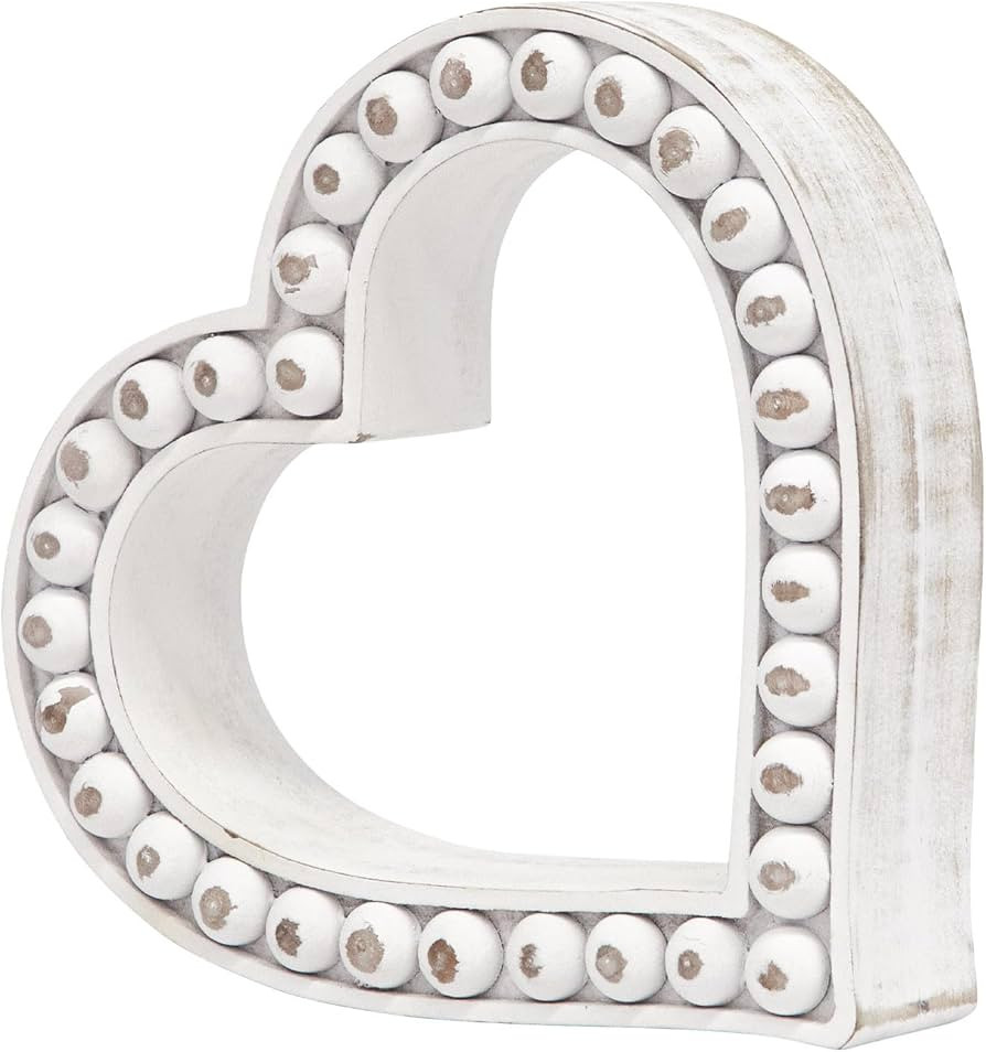 Rustic Wooden Heart Table Decorations Sign with Beaded Design, Farmhouse Freestanding White Heart... | Amazon (US)
