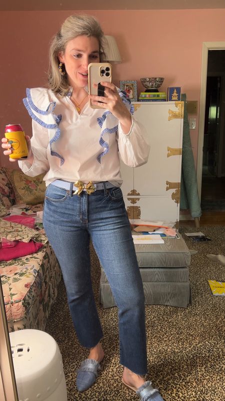 Gingham on ruffle sleeps you form looking like the scarecrow at the pumpkin patch. Top is true to size, I’m wearing the small! Belt is be Cesoli. Use DIXON15 on the jeans—a really good darker wash and a great cropped length for us tall girls—I’m 5’9”.  Finish the look with chinoiserie earrings!

#LTKSeasonal