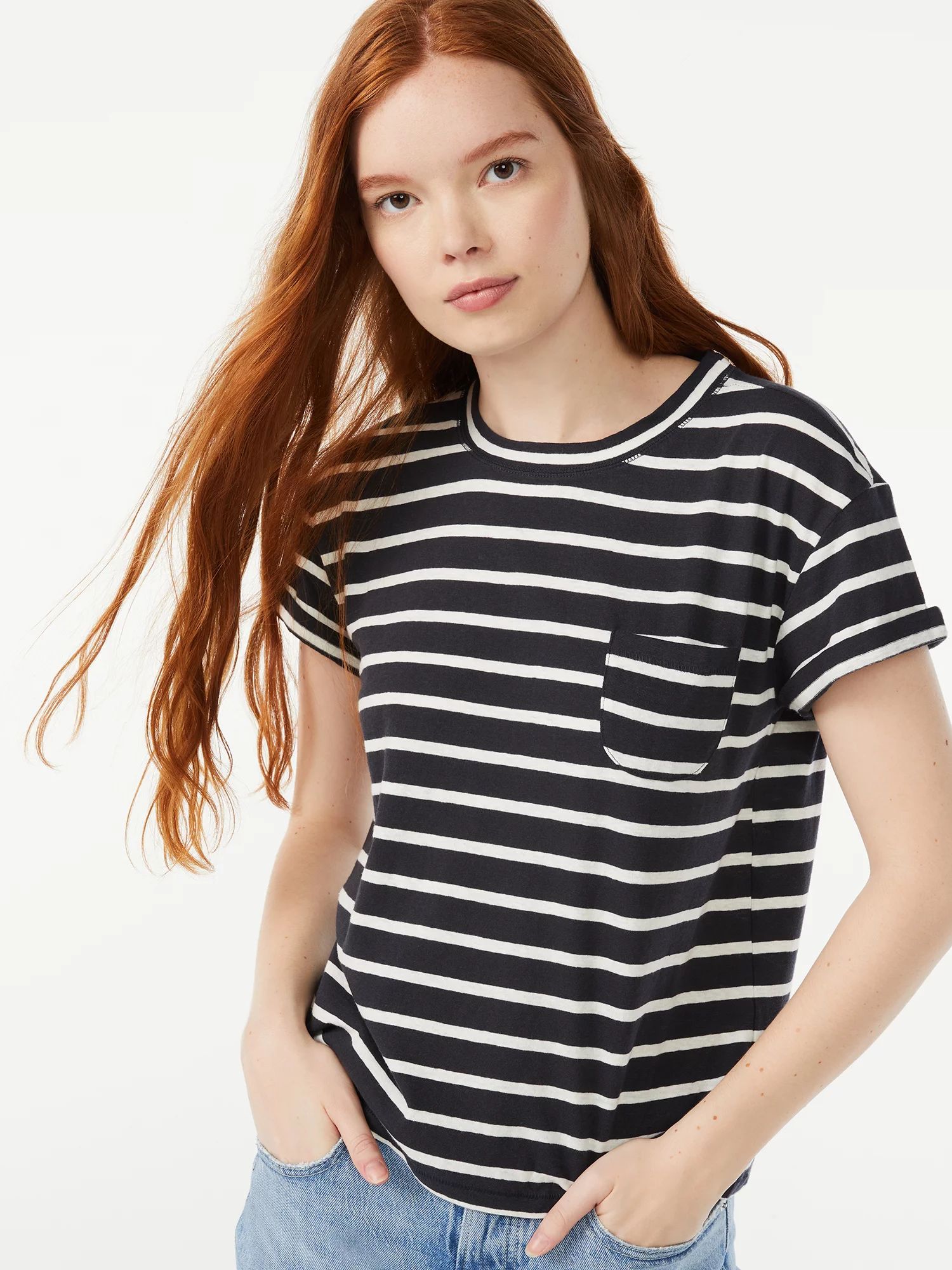 Free Assembly Women's Short Sleeve Roll Cuff T-Shirt | Walmart (US)