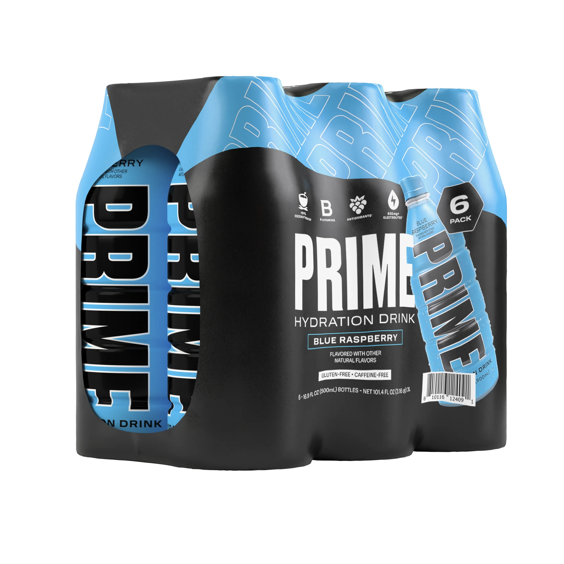 Prime Hydration Drink, Blue Raspberry, 16.9 fl oz 6-Pack Bottles | Walmart (US)