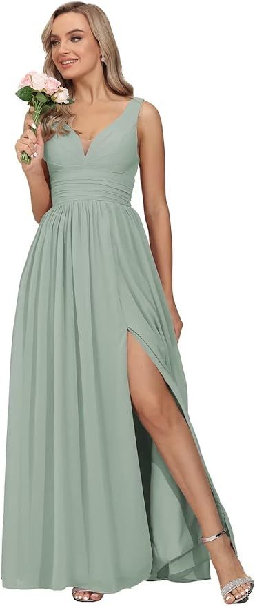 V-Neck Bridesmaid Dresses Chiffon Pleated Chiffon Prom Dress A Line Formal Evening Dress for Wome... | Amazon (US)