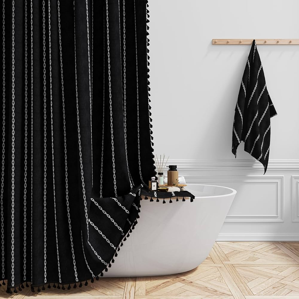 Boho Farmhouse Shower Curtain, Linen Rustic Weighted Striped Fabric Shower Curtain Set with Tasse... | Amazon (US)