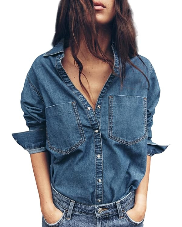 LifeShe Women V Neck Denim Shacket Button Down Jeans Shirts Oversize Jacket Shirt with Pockets | Amazon (US)