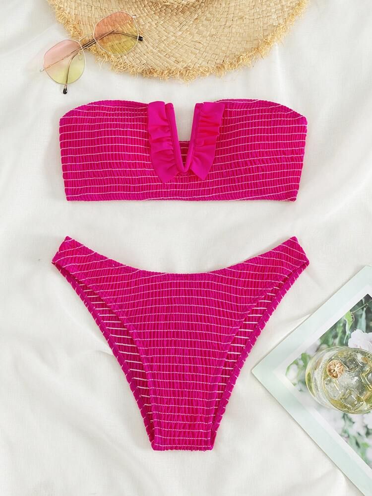 Smocked V Wired Frill Trim Bandeau Bikini Swimsuit | SHEIN