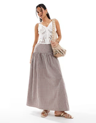 ASOS DESIGN drop waist maxi skirt in brown gingham | ASOS (Global)
