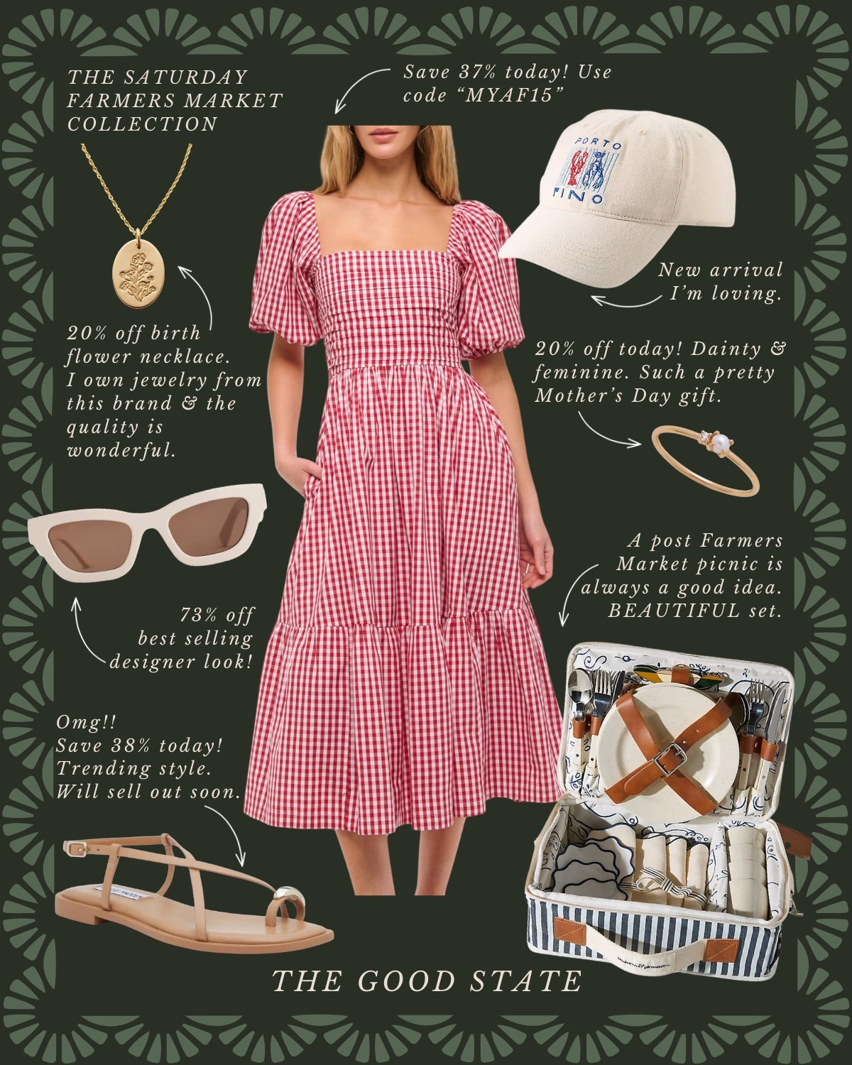 The Saturday Farmers Market Collection with a coastal twist🍓🐟

For all the Farmers Market girlies living their best life in the sunshine with a pastry and coffee in hand while carrying a tote of fresh produce on their shoulder. For the ones who love a pop of color, all things gingham and a scarf in their hair or around their neck. Anthropologie , Anthro, Amazon, Quince, mini dress, maxi dress denim jacket, chore coat, earring, socks, beauty, sunglasses, spring outfit, spring fashion, tote bag, purse, woven purse, spring break, bandanna, scarf, quilted jacket, the good state, Lauren England, gola sneakers, clutch vacation outfit, hoop, earrings, American Eagle, target target fashion, target style sneakers, veja, mini dress, floral dress, wedding guest, dress, Easter, vacation, outfit, ootd

#LTKFindsUnder100 #LTKStyleTip #LTKSaleAlert
