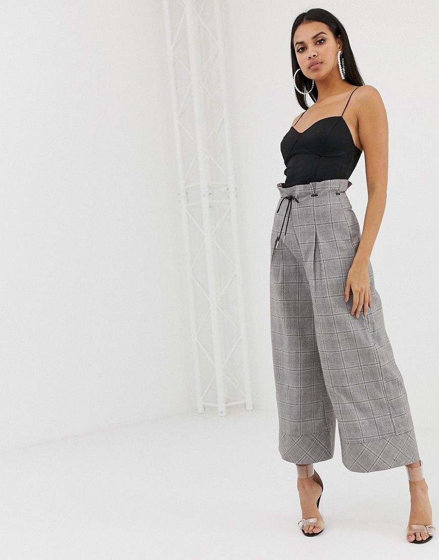 PrettyLittleThing wide leg belted pants in gray check - Multi | ASOS US