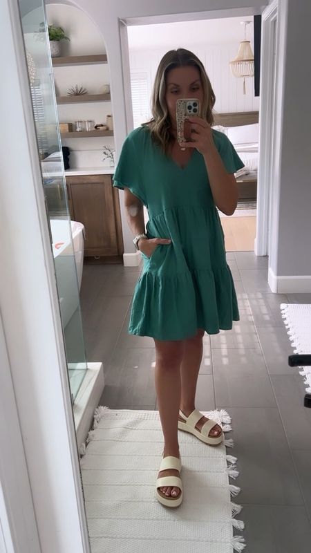 Cutest spring dress is finally on Target’s website. In stock, all sizes and colors. Hurry this one will sell out!! Dress runs a bit oversized. Wearing an XS.

Linked my fave (waterproof) Reef platform sandals. They wipe clean. 

Linked my new fave target necklace too!