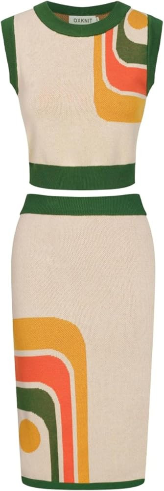 OXKNIT Women's Knitted Beige Vest Skirt Sets, 1960s Mod Style Retro Geometry Tank Straight Skirt ... | Amazon (US)