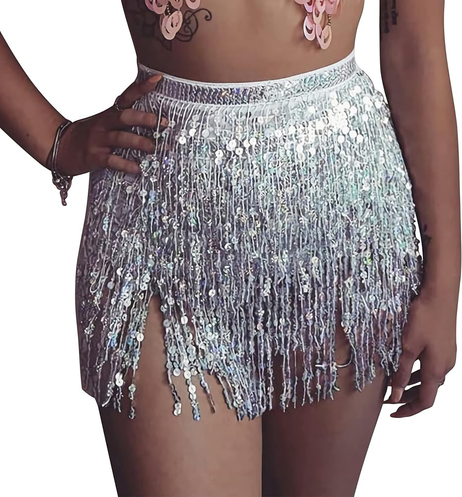 Womens Belly Dance Hip Scarf with Sparkly Fringe Rave Party Sequin Skirt Costume Festival Tassel ... | Amazon (US)