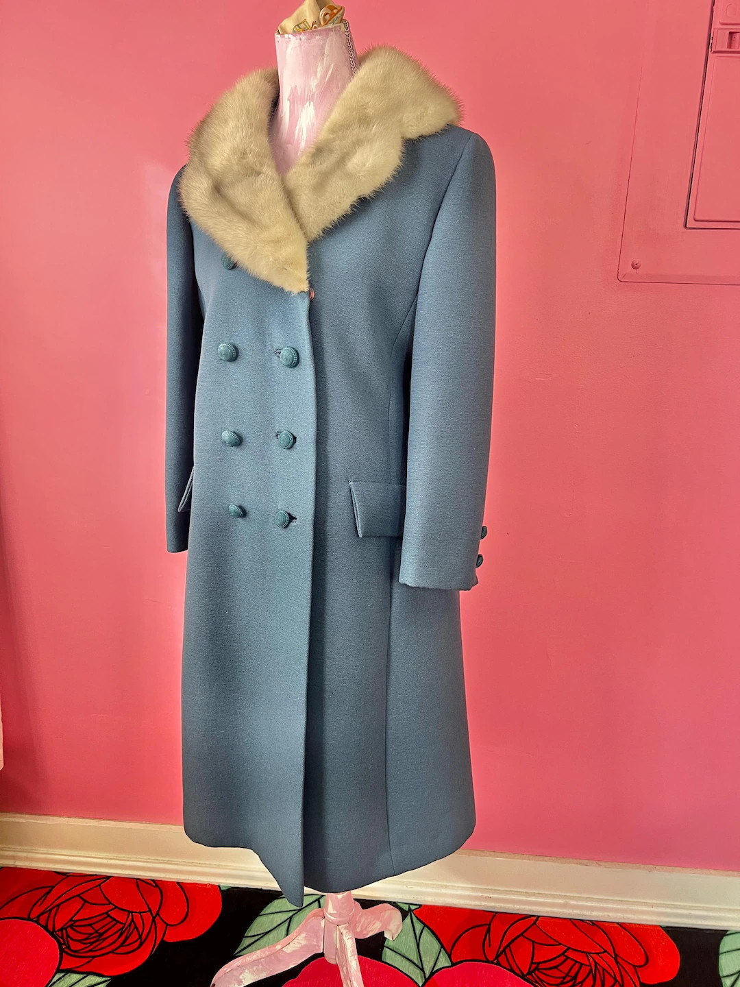 Vintage Blue Wool Coat, Rabbit Fur Collar, 1950s Double-breasted - Etsy | Etsy (US)