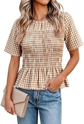 Watashi Women Summer Top Gingham Short Sleeve Smocked Peplum Blouse | Ruffle Hem Puff Sleeve Crew... | Amazon (US)