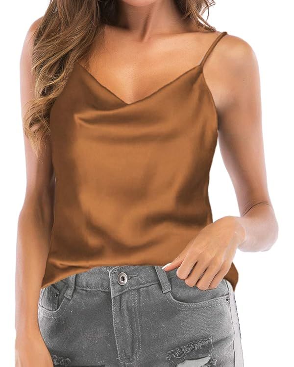 Women's Silk Satin Camisole Cowl Neck Tank Top Cami Silky Basic Tank Shirt Blouses | Amazon (US)