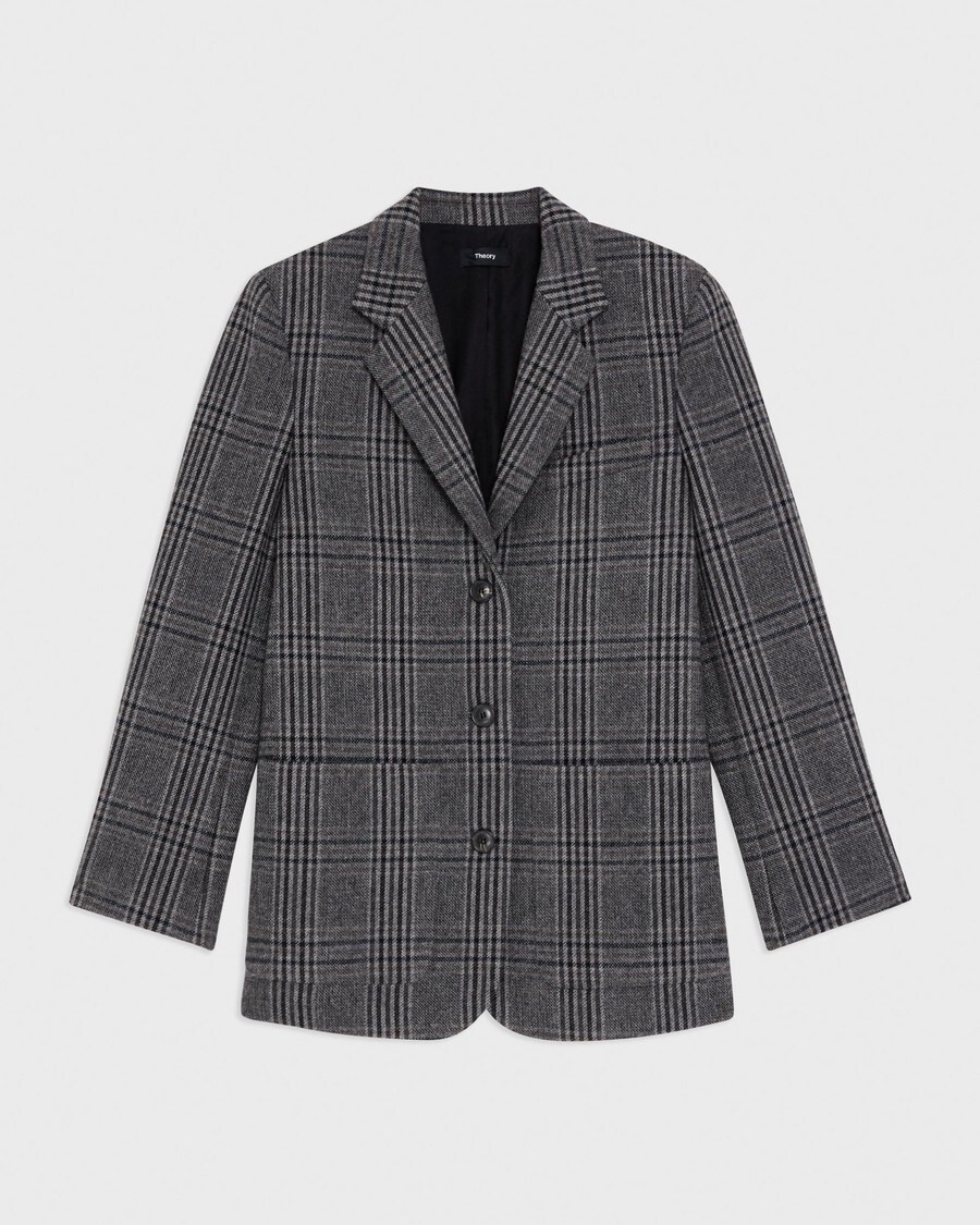Elbow-Patch Blazer in Plaid Wool-Blend Flannel | Theory
