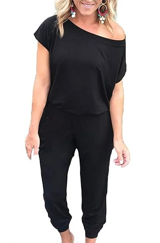 Alelly Women's Loose Fit Off Shoulder Elastic Waist Beam Foot Jumpsuit Rompers with Pockets | Amazon (US)