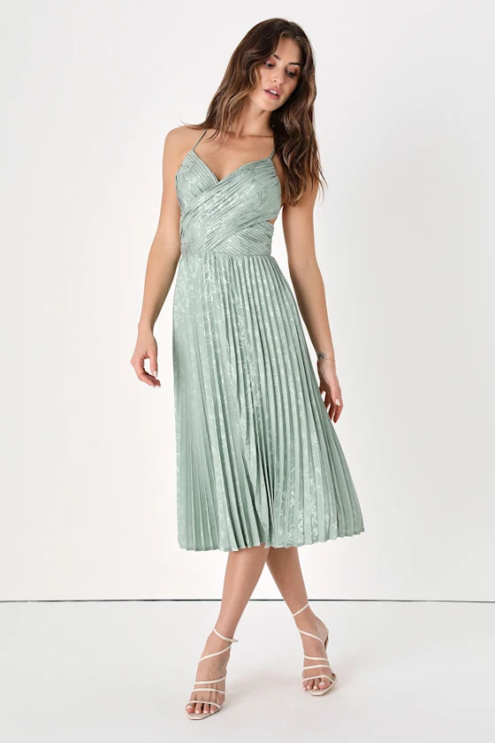 Pleating Up Sage Green Satin Jacquard Pleated Midi Dress | Lulus (US)