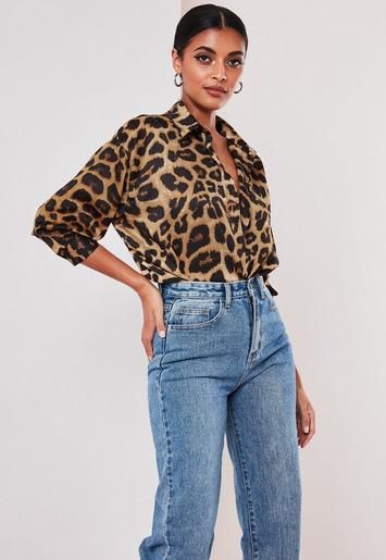 Missguided - Petite Brown Leopard Print Satin Oversized Shirt | Missguided (US & CA)