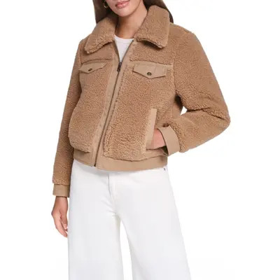 levi's Fleece & Denim Bomber Jacket in Cream at Nordstrom, Size Medium | Nordstrom