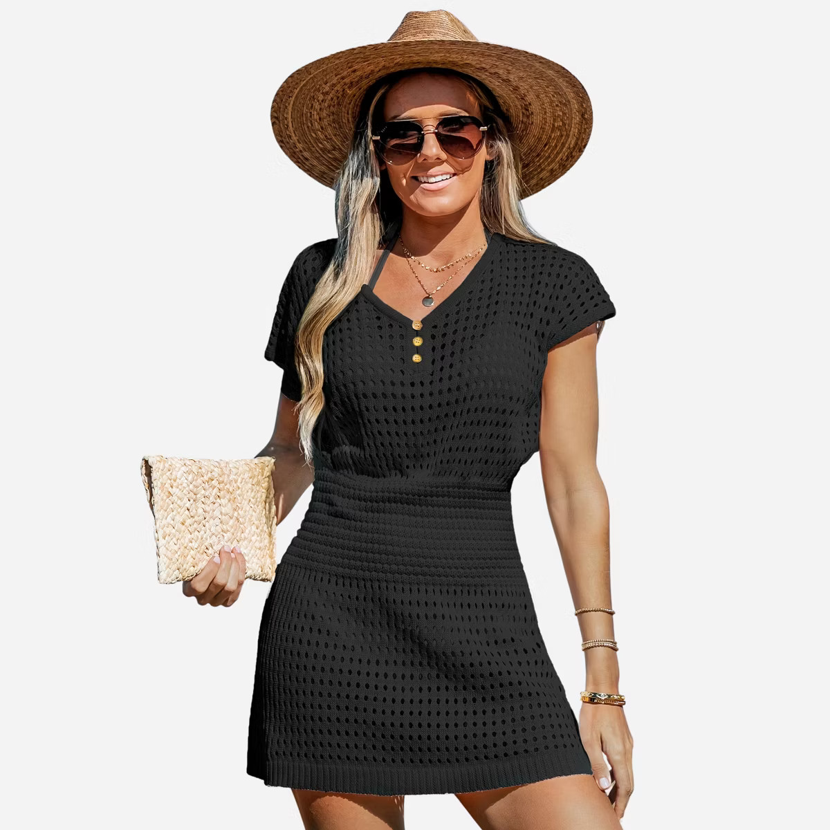 Women's Crochet Knit Cutout V-Neck Cover-Up Mini Dress - Cupshe | Target