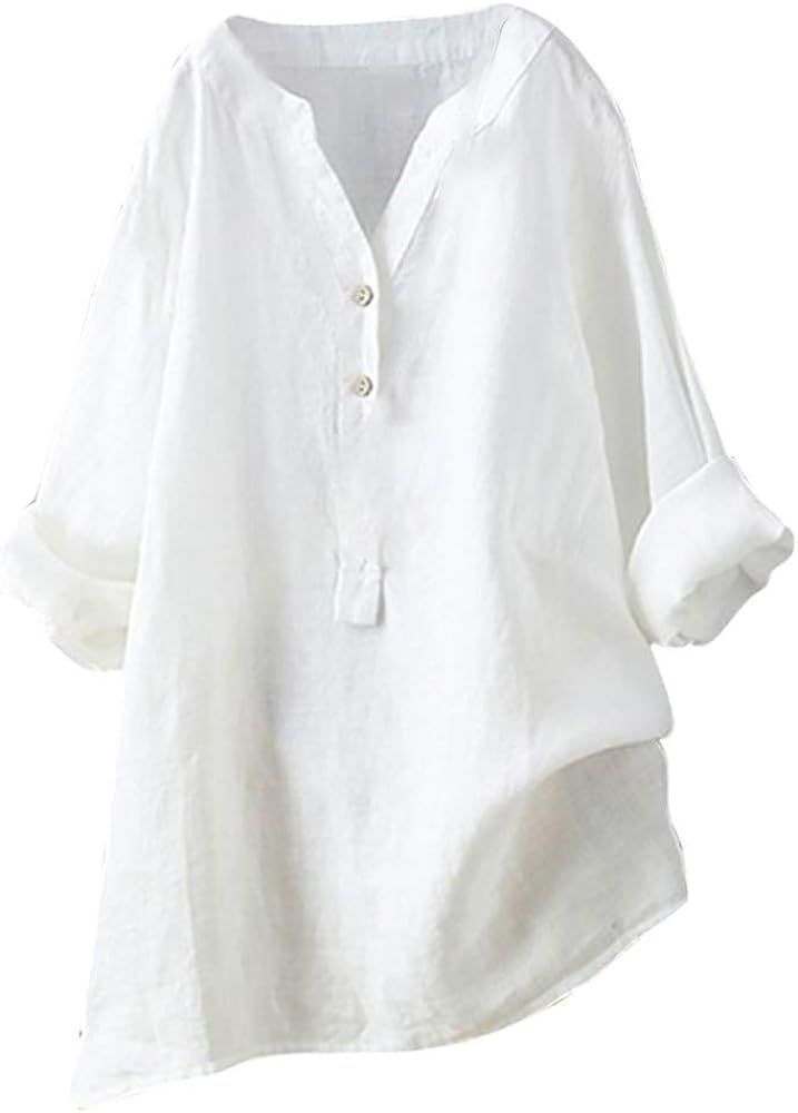 Women's 2024 Casual Linen Cotton Tops Solid V Neck Crinkle Gauze Summer Shirts Button Down Stand ... | Amazon (US)