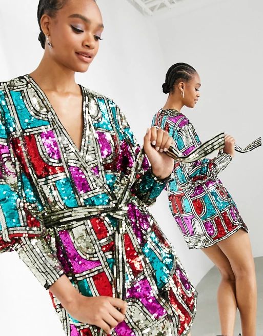 ASOS EDITION mini wrap dress with graphic sequin | ASOS (Global)