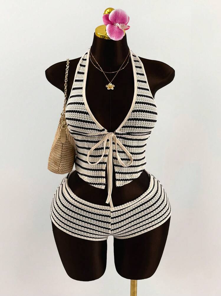 Amplova Plus Size Women Summer Vacation Striped Print Front Tie Backless Camisole And Low-Waist Shorts 2 Pieces Set Valentine's Day Outfit | SHEIN