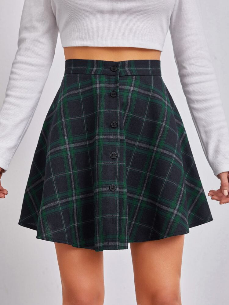 SHEIN Button Fly Tartan Skirt | SHEIN