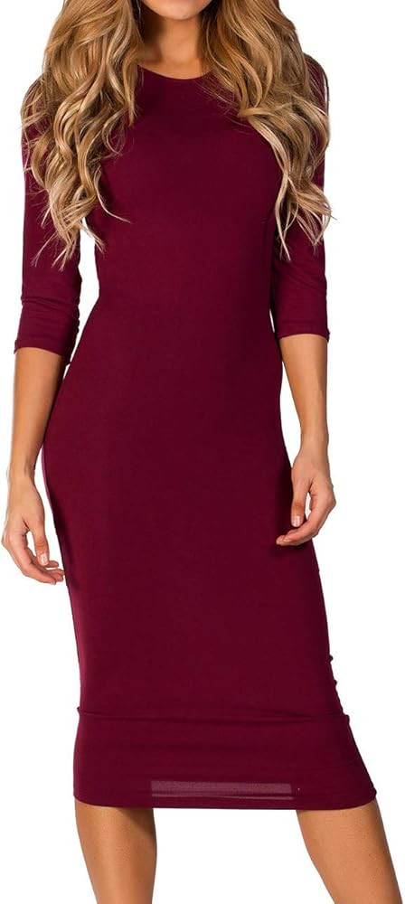 ICONOFLASH Women's 3/4 Sleeves Midi Bodycon Dress Crew Neck Fitted Dresses with Plus Size Options | Amazon (US)