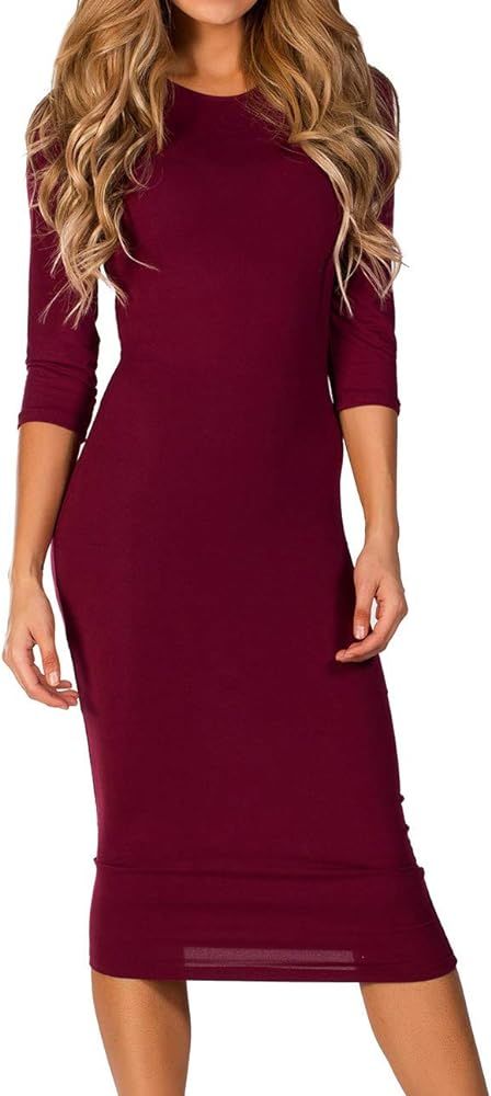 ICONOFLASH Women's 3/4 Sleeve Bodycon Midi Dress Crew Neck Fitted Dresses with Plus Size Options | Amazon (US)