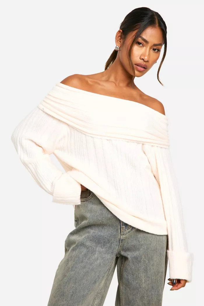 Rib Neckline Bardot Longline Jumper | Boohoo.com (UK & IE)