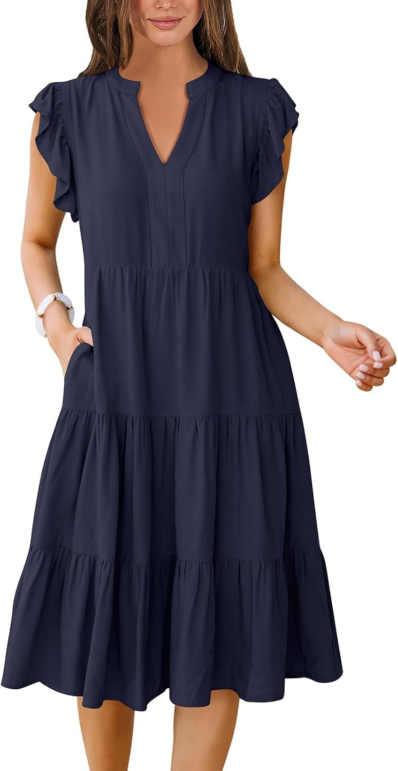 ANRABESS Womens Summer Dress Ruffle Sleeve V Neck Midi Dresses | Amazon (US)