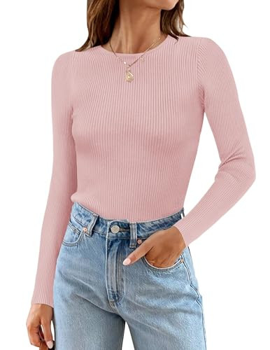 ZESICA Women's Long Sleeve Crewneck Shirts 2025 Fall Ribbed Knit Sweater Slim Fitted Casual Basic Tee Tops Pink XX-Large | Amazon (US)